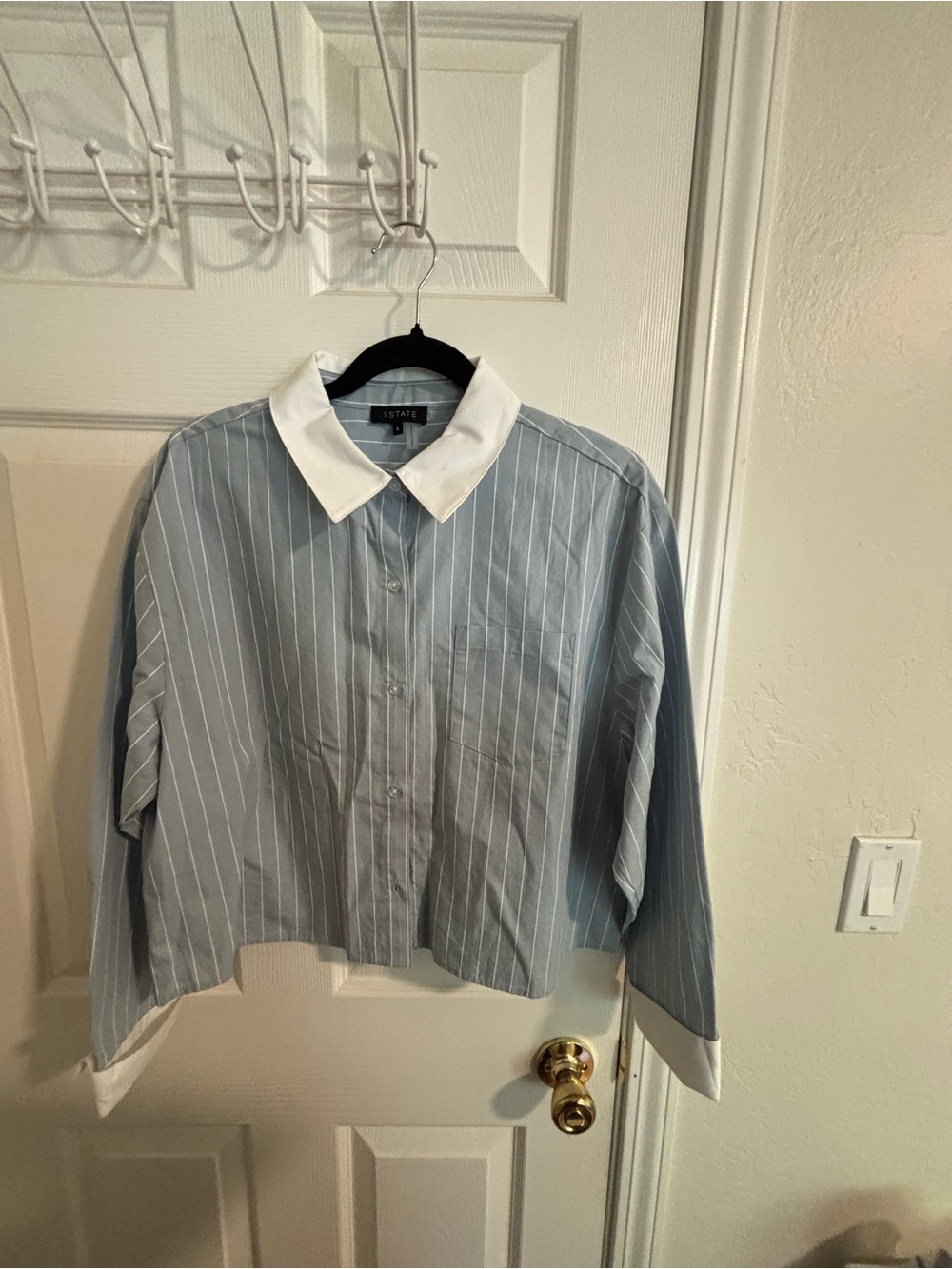 Striped Blue Button-Up Shirt with White Collar -